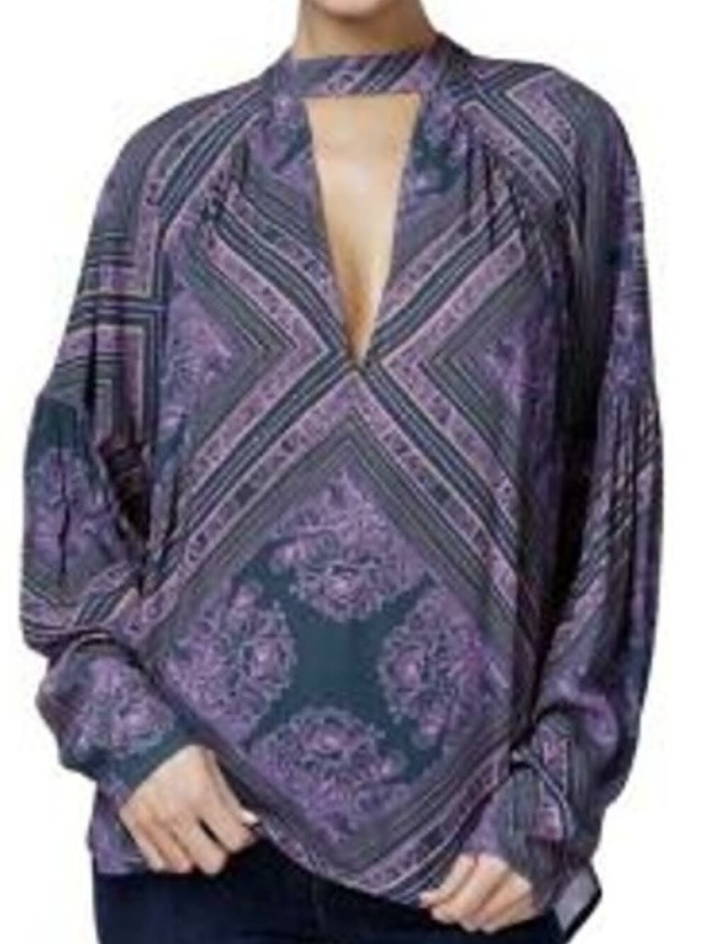 Free People Size L Deep V-Keyhole Neckline Walking on a Dream Tunic Purple Geome